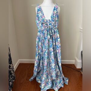 Aakaa Deep V Neck Floral Long Dress- M
